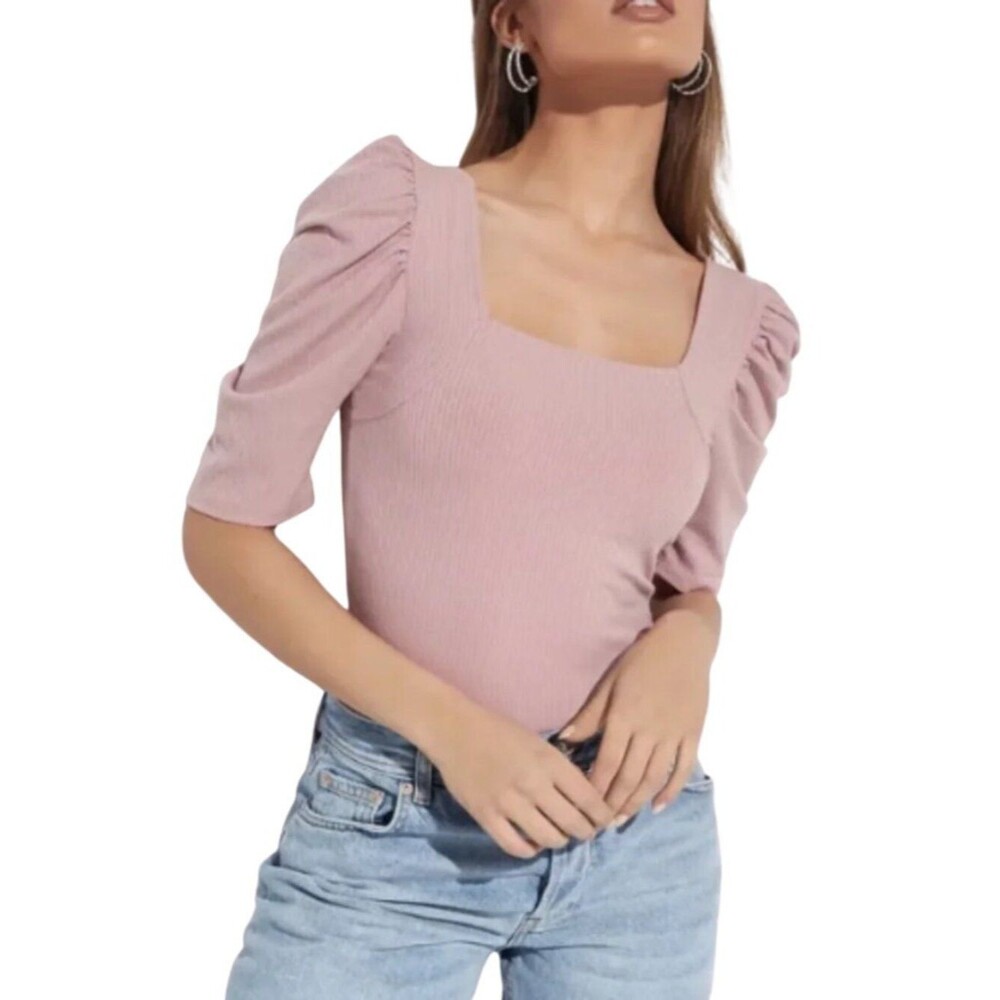 NWT Free People Night Lily Puff Shoulder Square Neck Short Sleeve Ribbed…